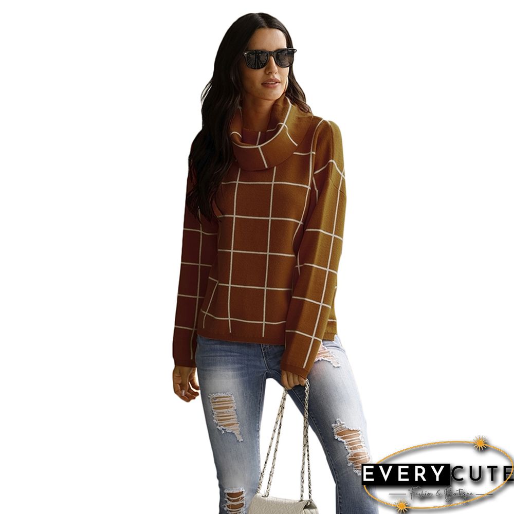 Rust Red Plaid Print Turndown Collar Pullover