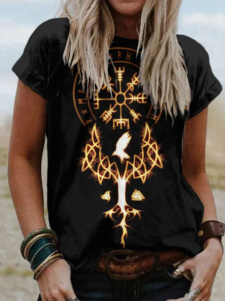 Tribal Golden Viking Totem Print Short-Sleeved Round Neck T-Shirt