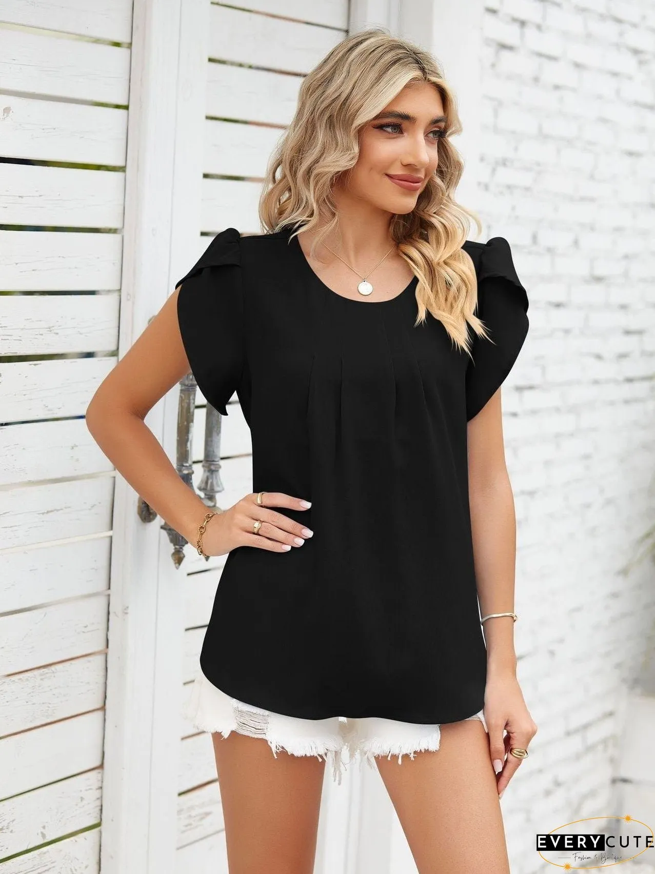 Loose-Fitting Short Sleeve Mock Neck Top