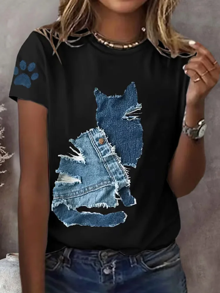 Utbros Women's Retro Funny Denim Patch Animal Cat Print T-shirt