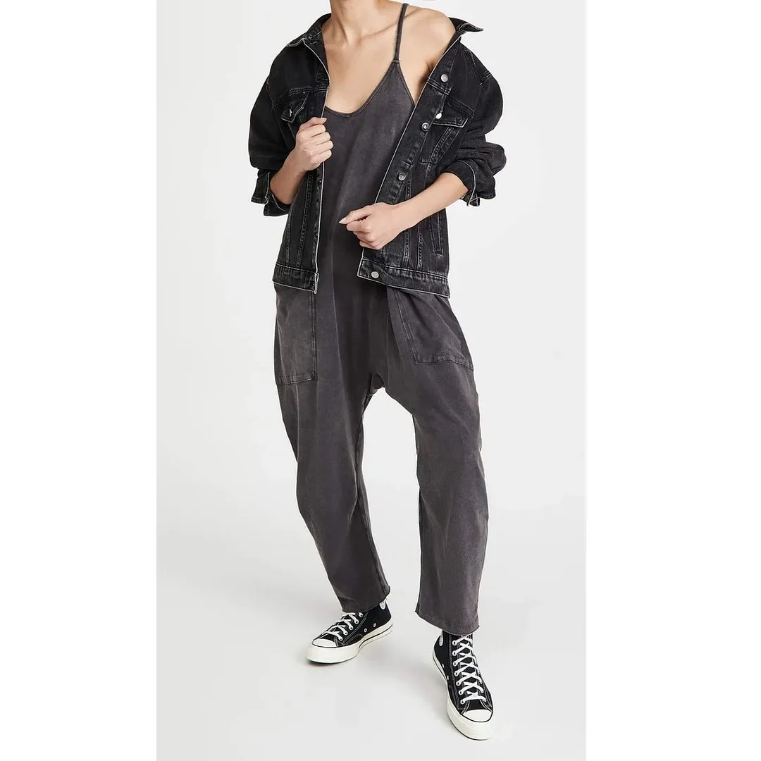 Solid V-Neck Sling Pocket Jumpsuit