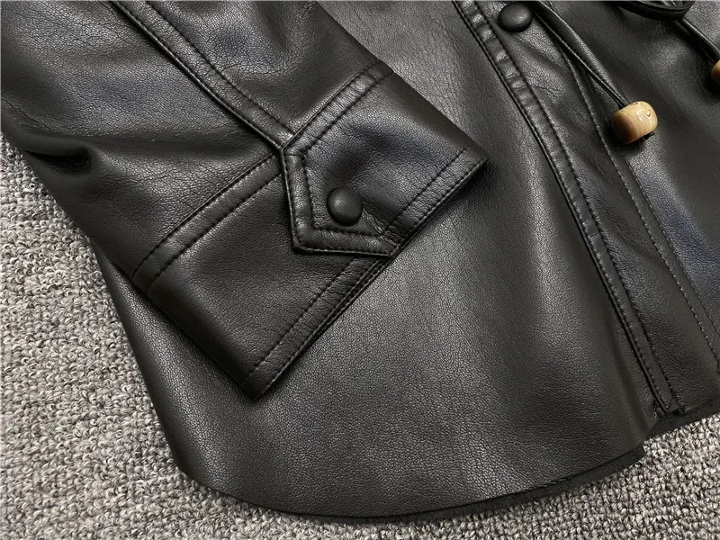 Niche artificial leather shirt women's single breasted drawstring long sleeve leather jacket-vocosishoes