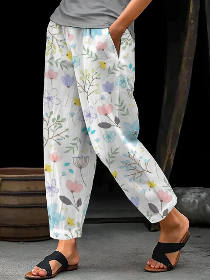 Women's Floral Design Lace-Up Elastic Waist Loose Casual Pants