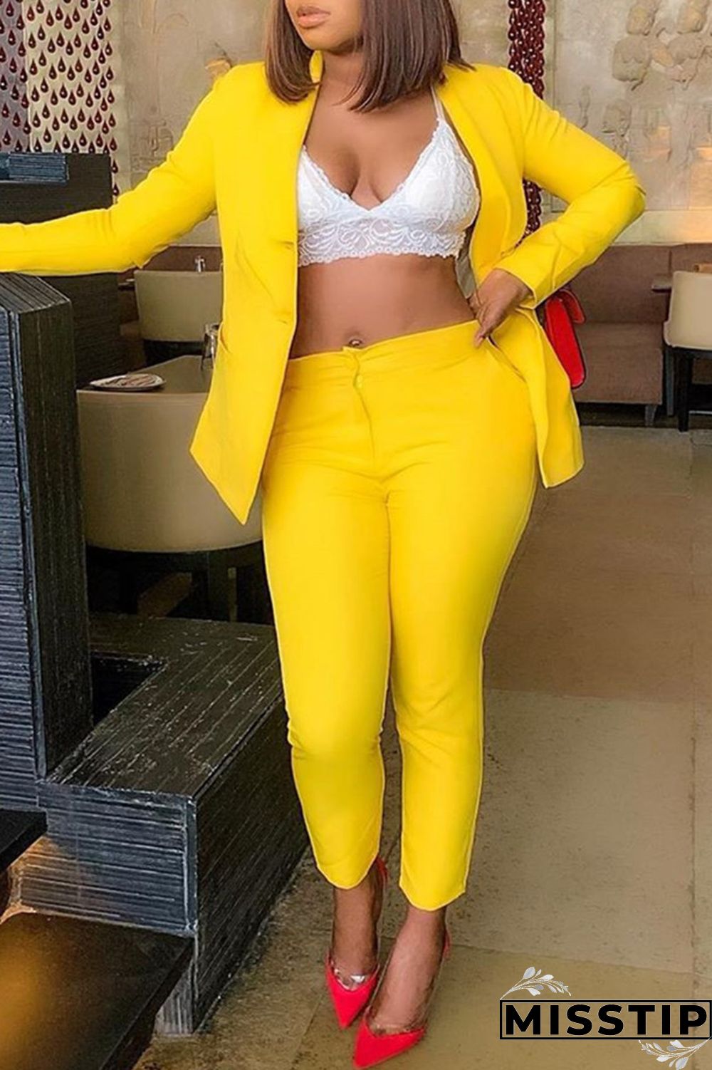 Yellow Fashion Casual Solid Cardigan Pants Turn-back Collar Long Sleeve Two Pieces