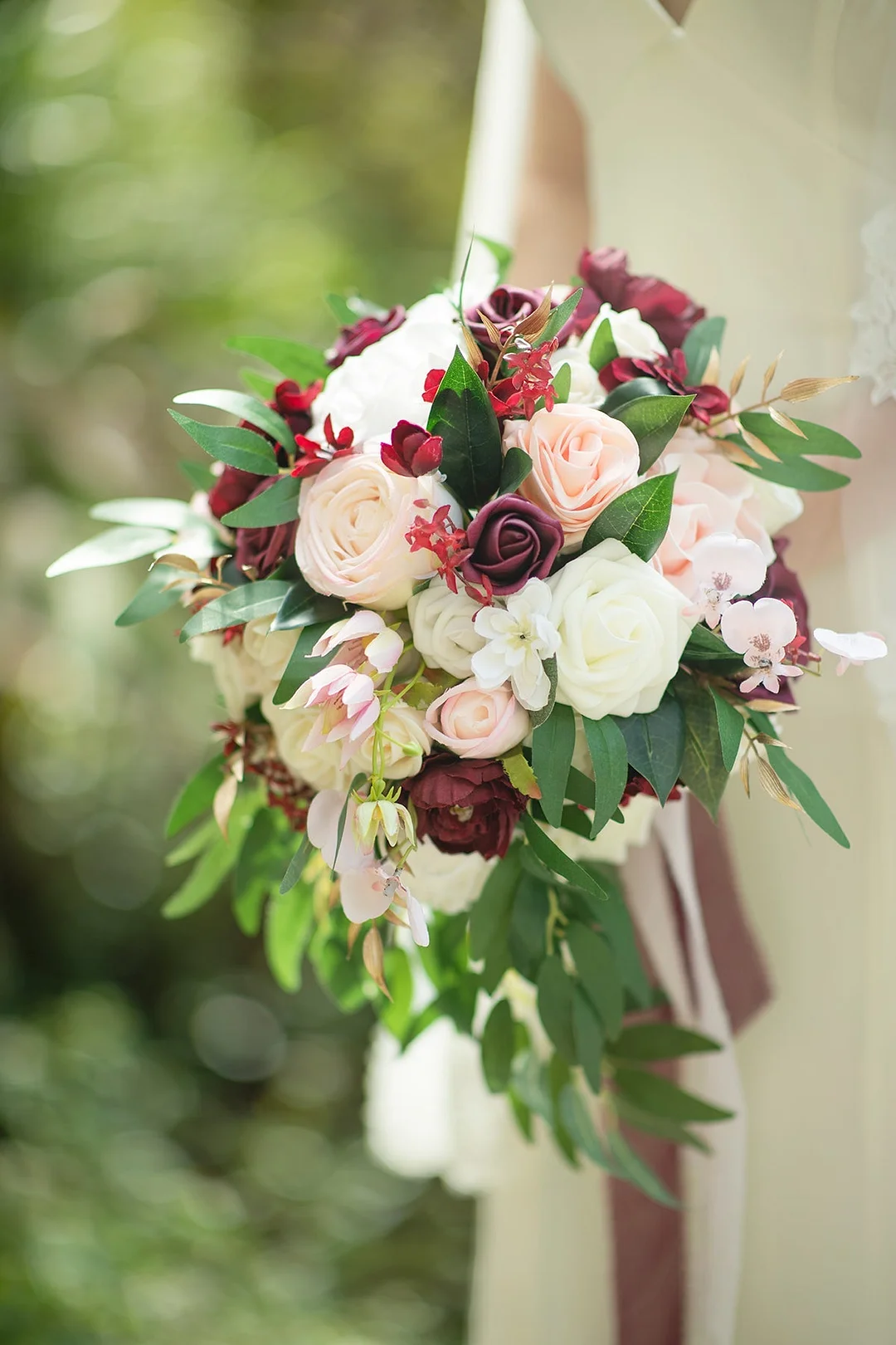 Standard Round Bridal Bouquets in Romantic Marsala