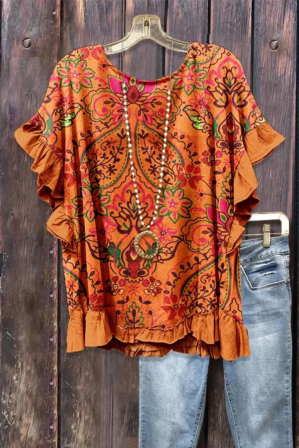 Paisley Print Ruffle Trim Top