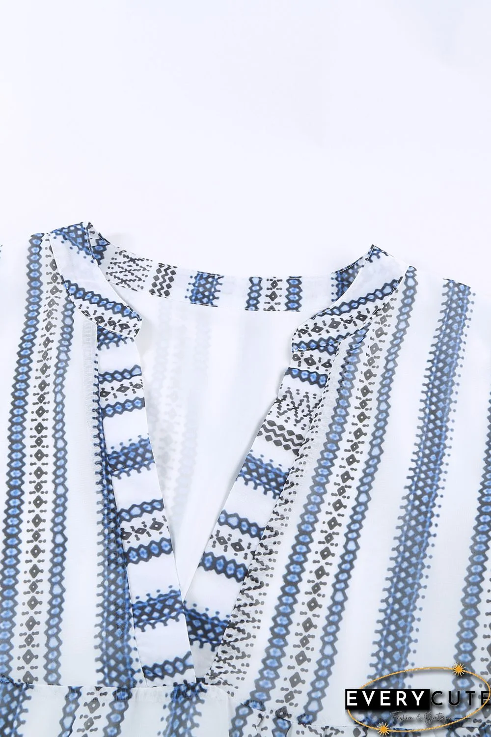 Sky Blue Geometric Print V neck Flare Half Sleeve Ruffle Swing Mini Dress