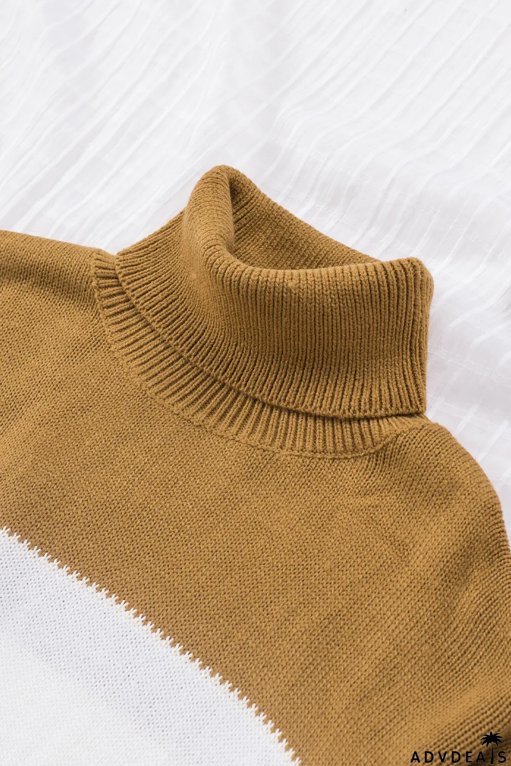 Orange Accent Color Block Turtleneck Chunky Knit Sweater