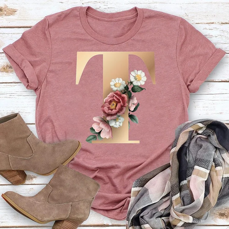 Floral Alphabet Font Letter T Round Neck T-shirt