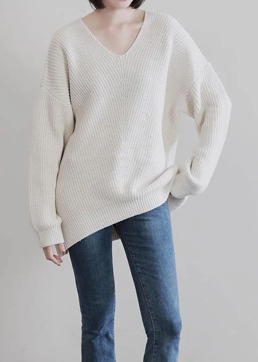 Vintage beige knit tops fall fashion v neck Batwing Sleeve knitted t shirt