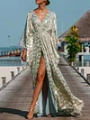 Deep V-Neck Long Sleeve Drawstring Split-Front Loose Maxi Dress