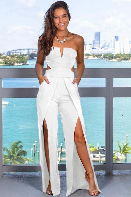  Chic Black Jumpsuit  Strapless Sleeveless Cutout Slit Long Wide Leg JP0007