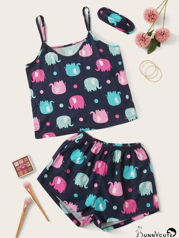 Plus Cartoon Elephant & Polka Dot Cami PJ Set With Eye Cover