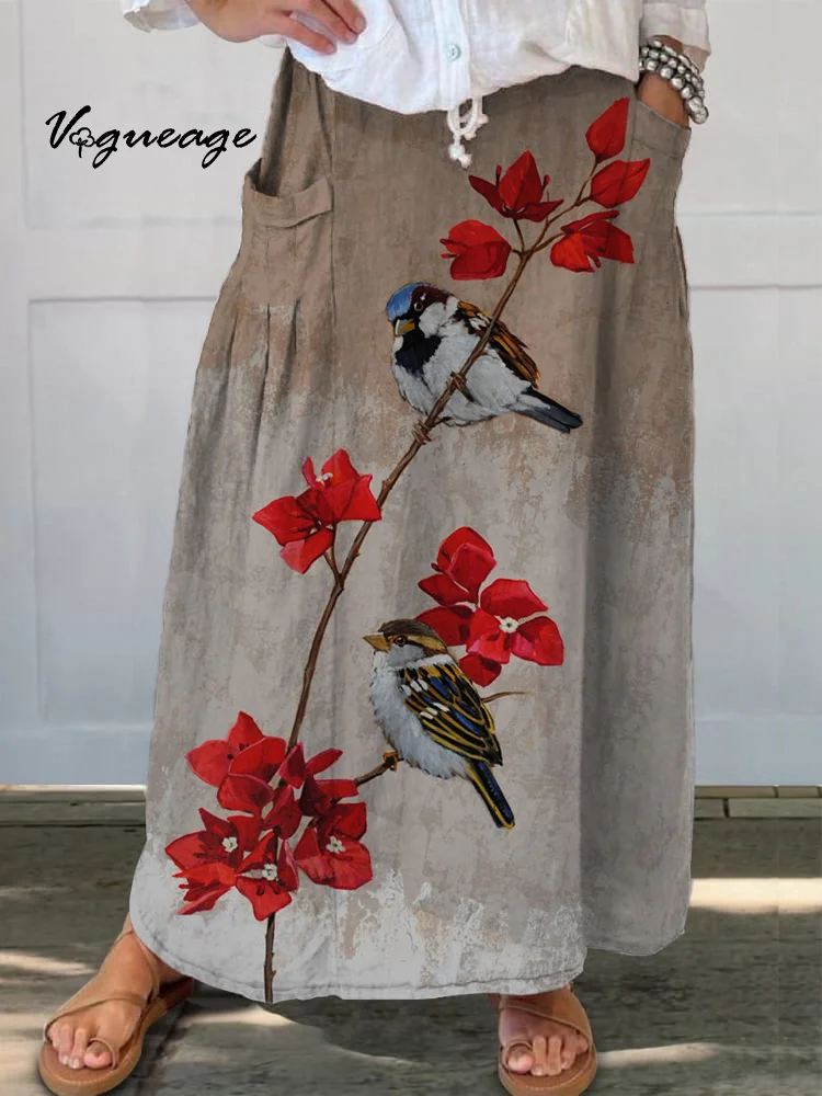 Elegant Floral Sparrow Printed Women's Casual Cotton And Linen Skirt