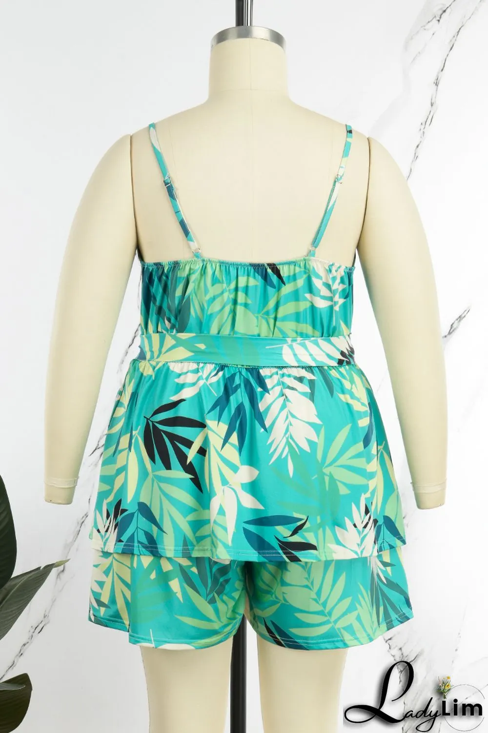 Blue Casual Print Patchwork Spaghetti Strap Plus Size Two Pieces