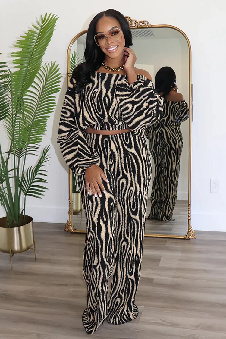 Abstract Striped Print Off Shoulder Crop Top Wide Leg Pants 2pcs Set-Black
