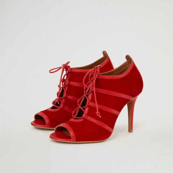 Red Suede Lace Up Peep Toe Booties Stiletto Heel Ankle Boots |FSJ Shoes