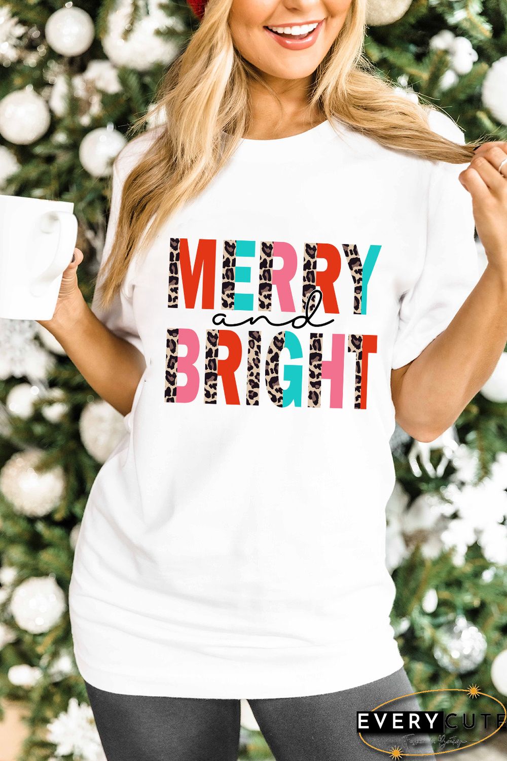 White Merry and Bright Leopard Print Short Sleeve Graphic Tee