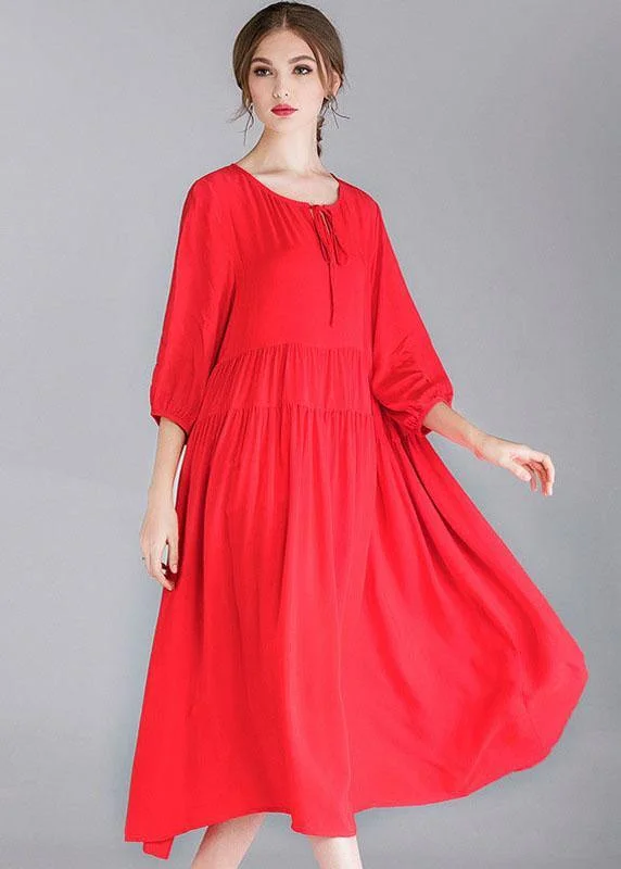 Red Loose Wrinkled Spring Holiday Dress Three Quarter Sleeve