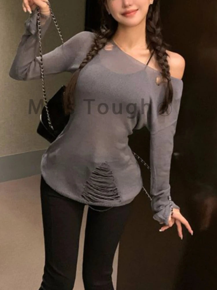 Winter Korean Fashion Oversized Sweater Women Harajuku Vintage Hollow Out Knitted Jumper Female Sexy Off Shoulder Y2K Tops 2024 Aiertu