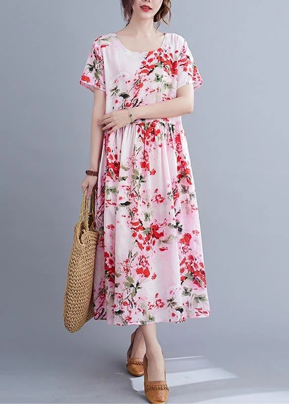 Chic Pink Print Cotton Pockets Summer Dress ( Limited Stock)