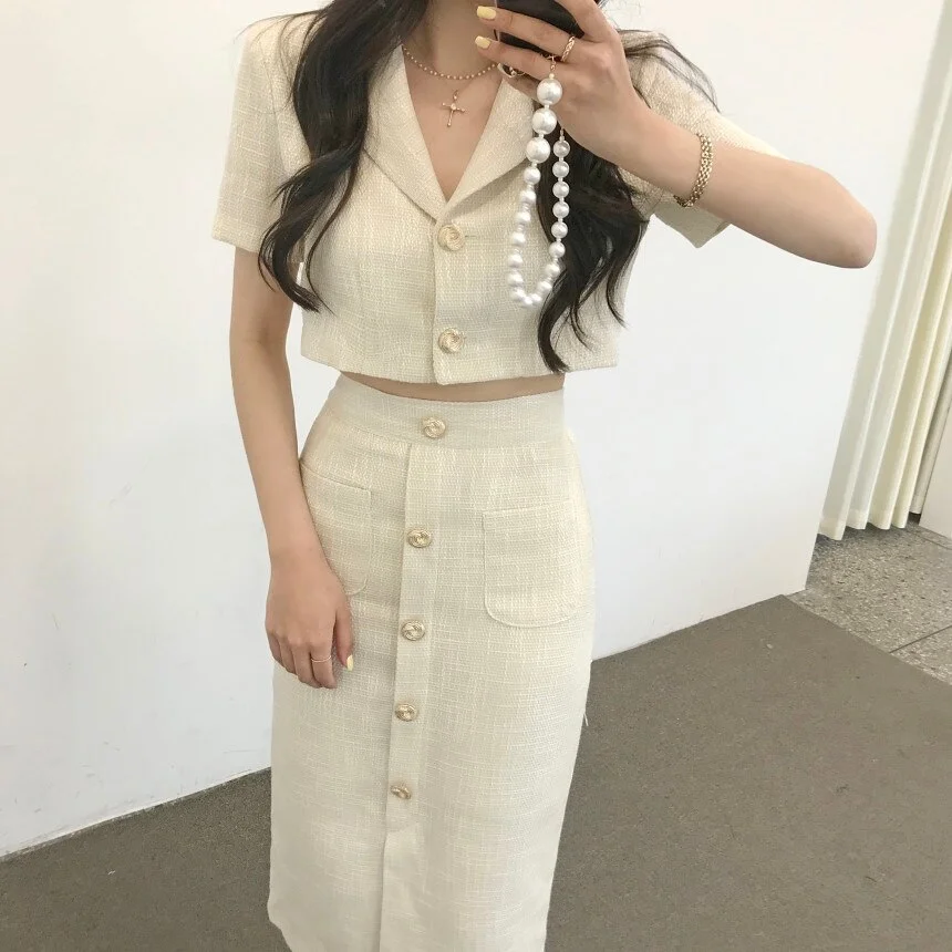 Toloer Toloer Korea Elegant Lapel Thin Tweed Small Suit Short Jacket + High Waist Chic Button Slim Womens Two Piece Skirt Sets Summer 1127-0-Outfit Ideas