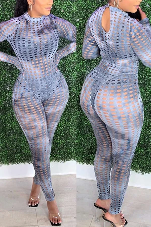 Sexy Print Tie Dye See-through Skinny Jumpsuits