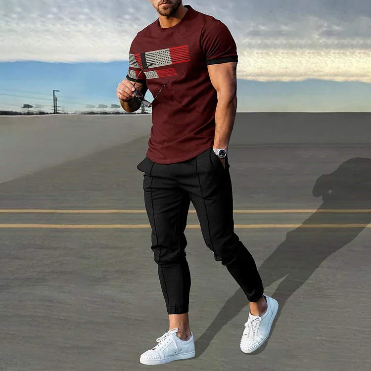 BrosWear Black Red Geometry T-Shirt And Pants Co-Ord
