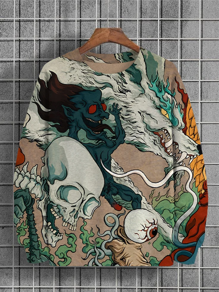 Men's Retro Japan Art Skull Monster Print Casual Sweatshirt