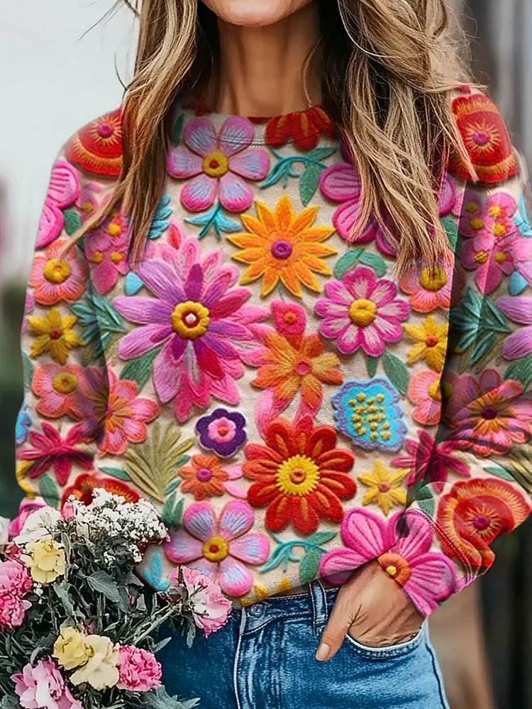 Women's Colorful Flower Art Print Casual Crew Neck Sweatshirt
