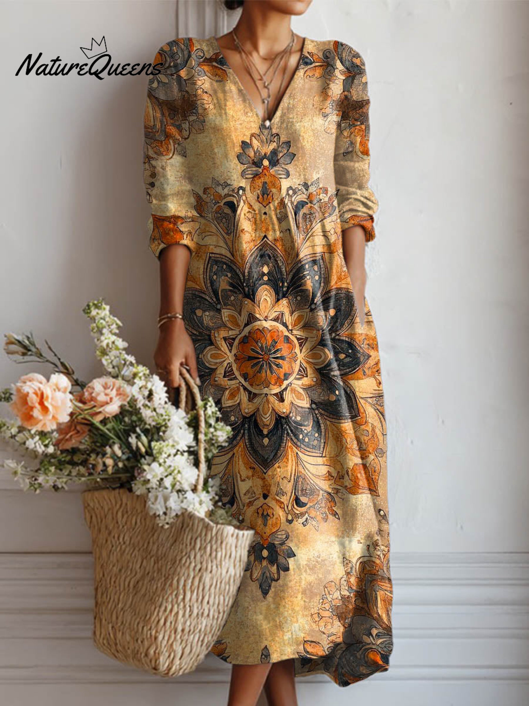 Women's Vintage Floral Art Print Cotton And Linen Pocket Dress