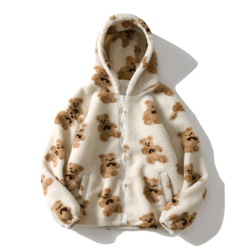 Brownm Long Sleeve Hooded Thick Casual Cartoon Pattern Bear Zipper Pocket Fleece Sweatshirt