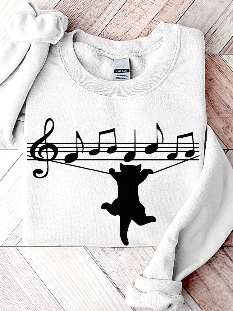 Music Notes Black Cat Print Casual Sweatshirt wearshes