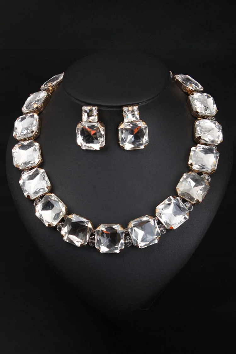 Fashion Square Rhinestone Necklace Earring Two Piece Jewelry Set