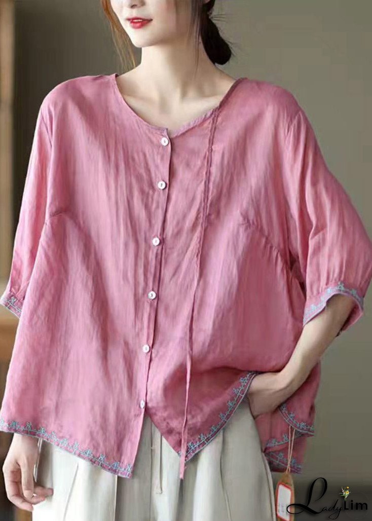 Casual Pink O-Neck Embroideried Linen Tops Three Quarter sleeve