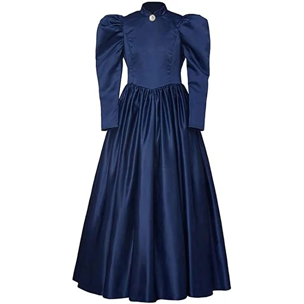1890s Victorian Medieval Dress Gown Dark Blue Victoria Sleeves Long Dress Theater Cosplay Costume