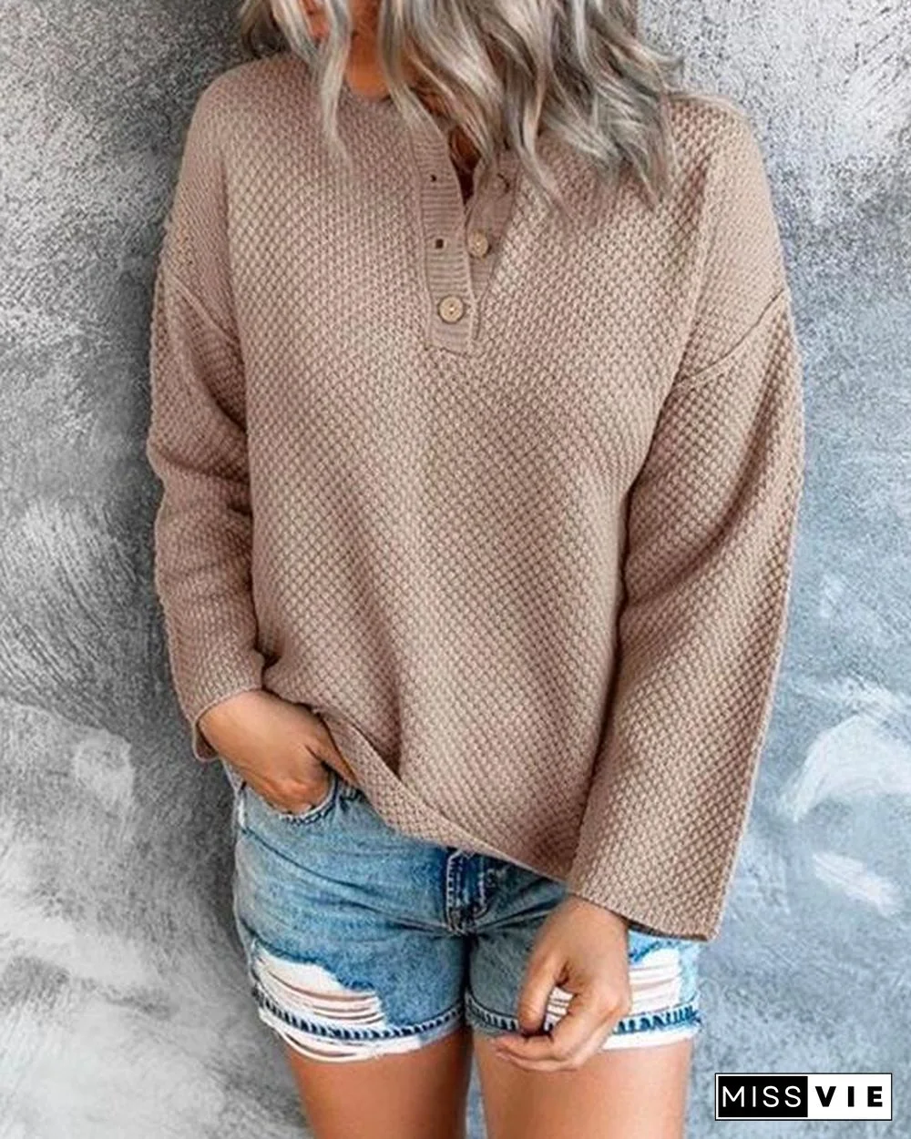 Comfy Cozy Sweater Drop Shoulder Button Up Knitting Top
