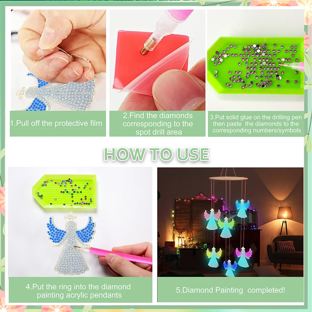 DIY Luminous Angel Double Sided Diamond Painting Hanging Pendant Feather Wind Chime