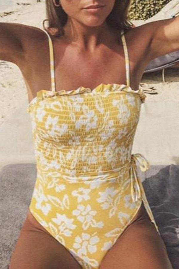 Beach Print Lace Fungus One-piece Swimsuit-Allyzone-Allyzone