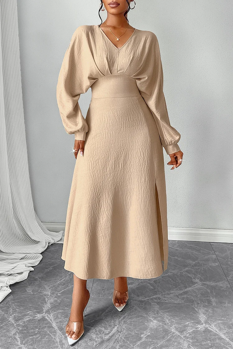 V Neck Lantern Sleeve Solid Color Side Slit A-Line Midi Dresses-Beige