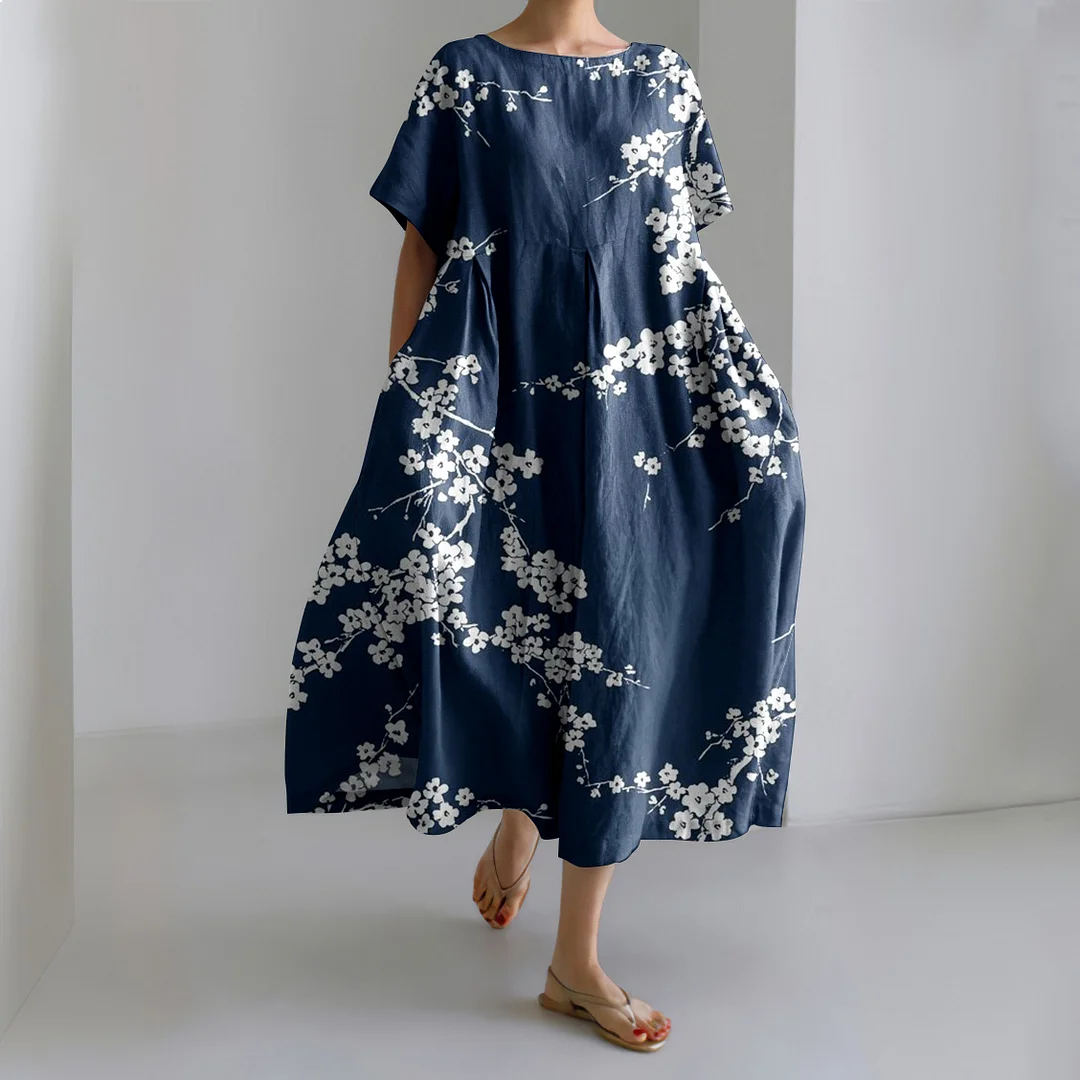 Women Japanese Floral Art Printed Crew Neck Midi Dress