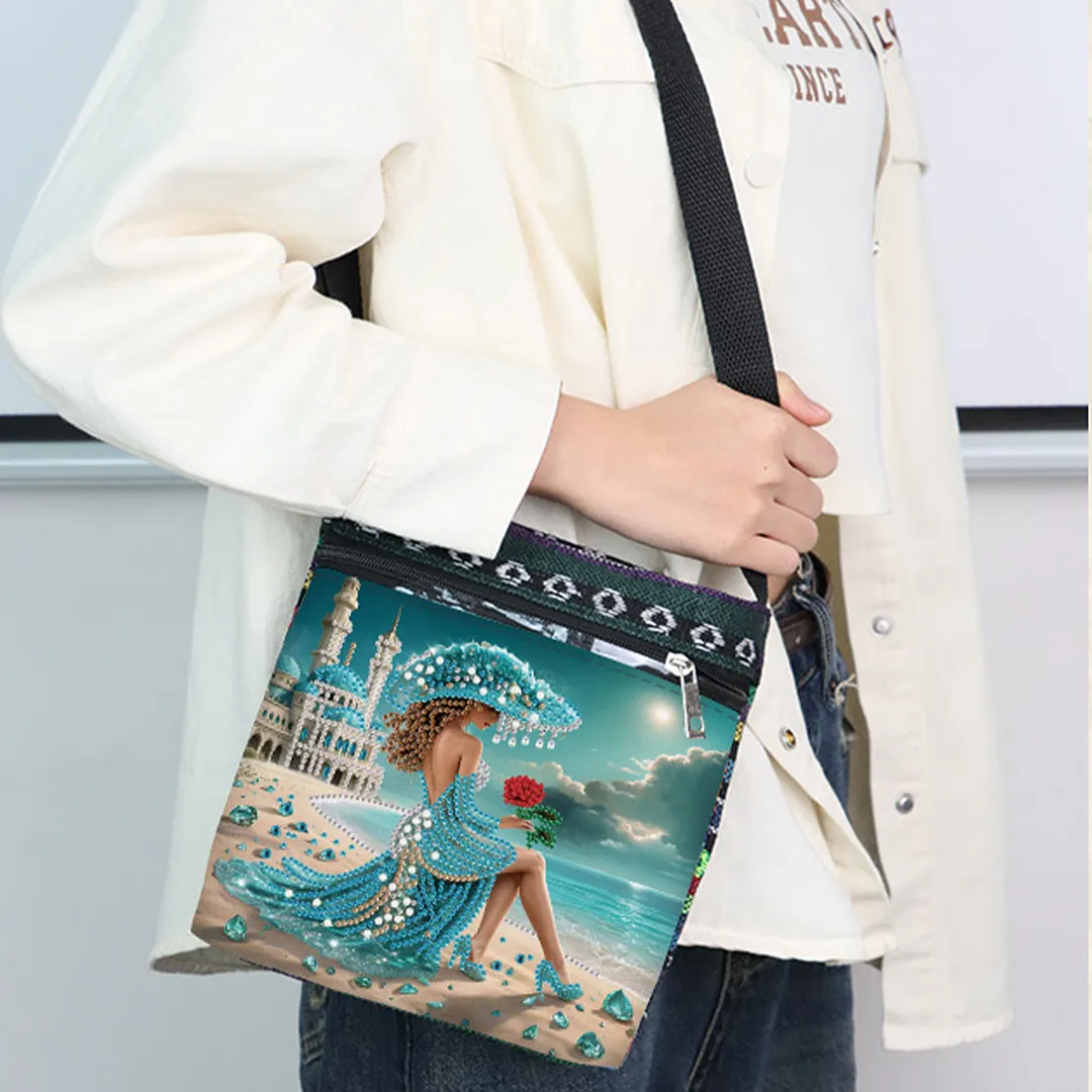 Beach Lady DIY Canvas Diamond Art Painting Crossbody Bag Ethnic Style Crystal Rhinestone Art Handbag with Adjustable Strap for Adults Beginners Shopping Gift
