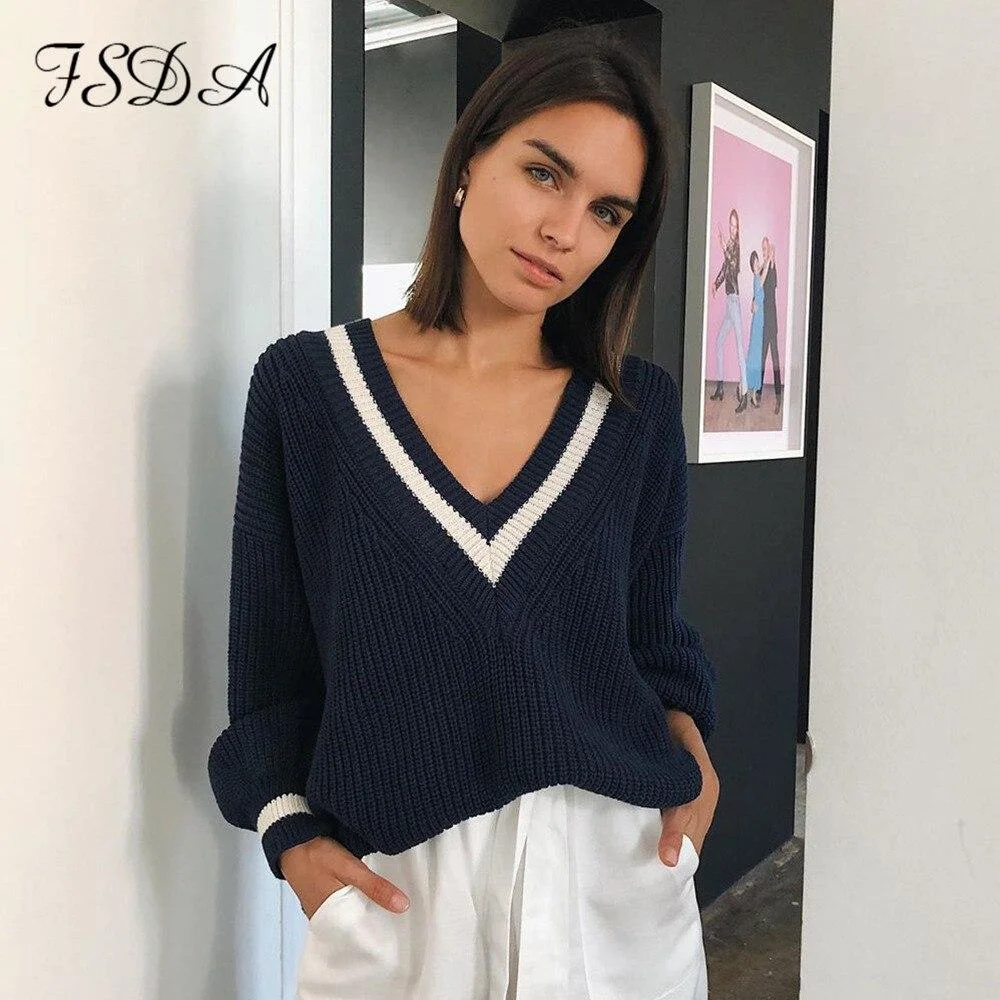 Copy of FSDA V Neck Loose Women Sweater Autumn Winter White Long Seelve Jumper Patchwork Oversized Pullover Knitted Casual Sweaters