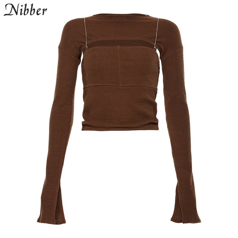 Nibber autumn fashion office lady hollow knitting Slim tops women high street casual T-shirts 2019 simple full sleeve Tees mujer