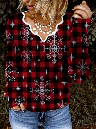 Christmas V Neck Cotton Blends Regular Fit Tops