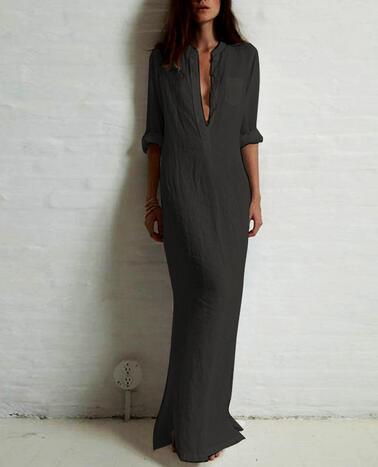 Sexy Casual Long Sleeve Deep V Neck Linen Maxi Dress