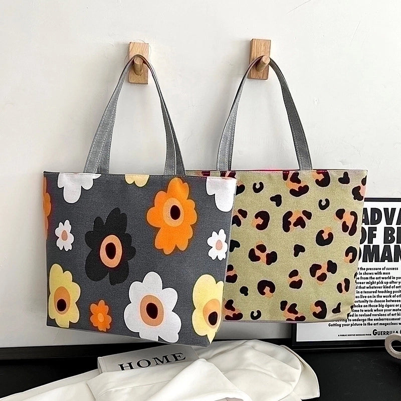 Women’s Streetwear Color Block Flower Canvas Shopping Bags