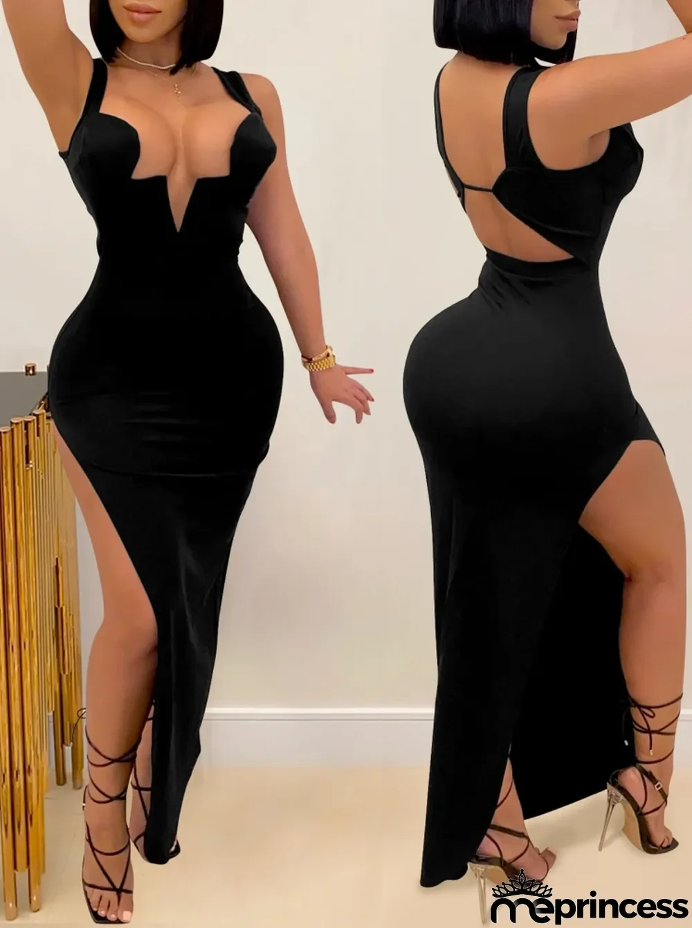 Summer Black Sexy Side Slit Wide Strap Long Evening Dress