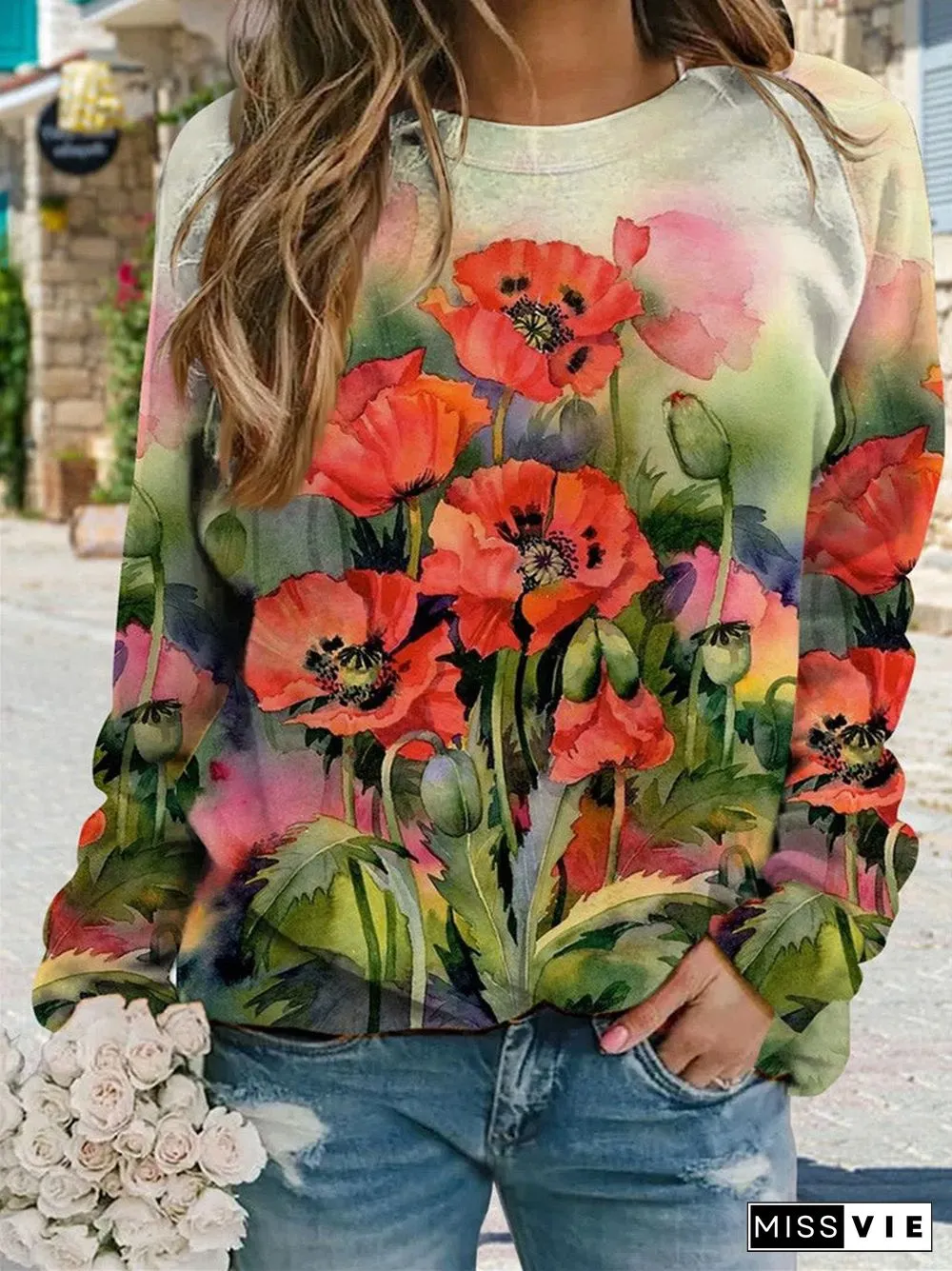 Women's Floral Scoop Neck Long Sleeve Graphic Floral Printed Top