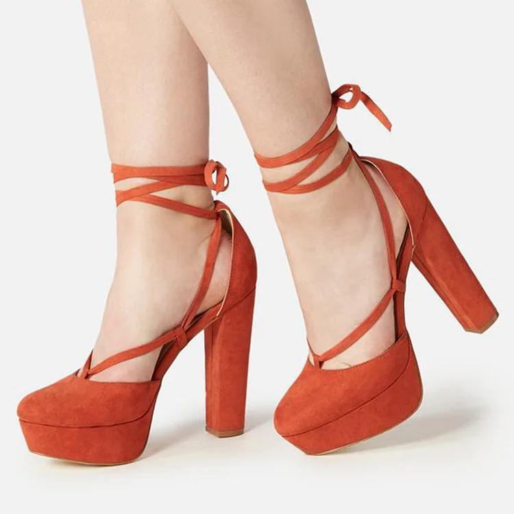 Vintage Orange Wrapped Chunky Heels Women'S Classic Platform Shoes Office Vegan Suede Pumps |FSJ Shoes
